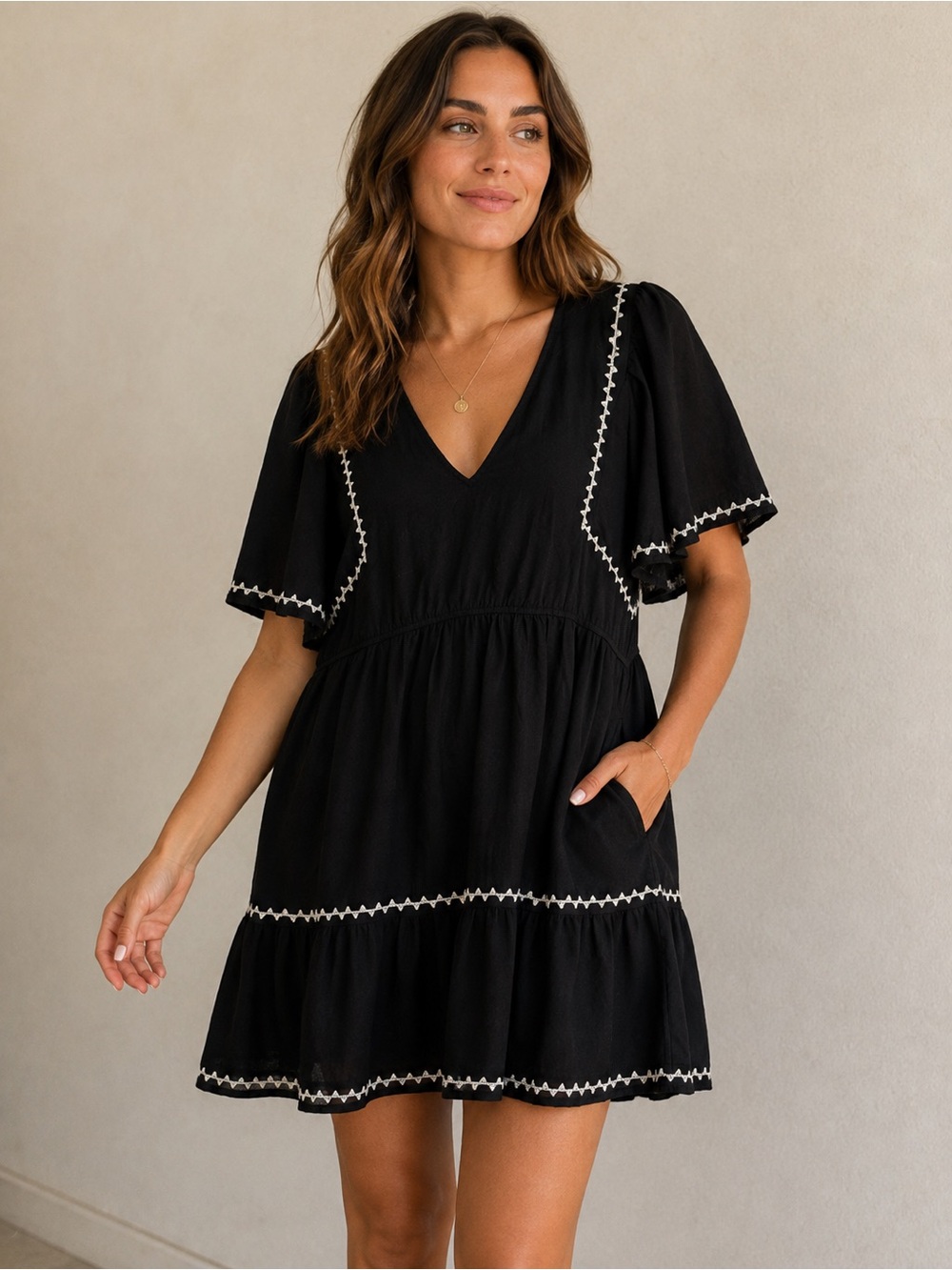 Old Navy XL Black Embroidered Tiered Mini Dress Flutter Sleeve Boho Cottagecore